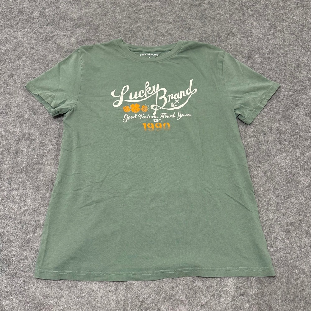 Lucky Brand Graphic Tee Mens Large Green Good Fortune Think Green Cotton